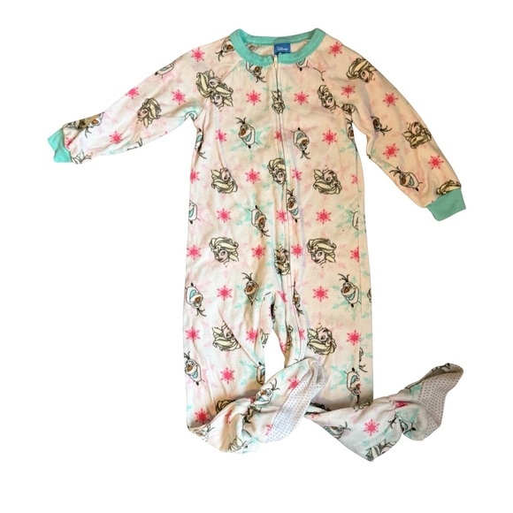 Disney Frozen Pajamas Elsa Olaf Zip Footed Fleece Sleeper White Pink 4T - Picture 1 of 4